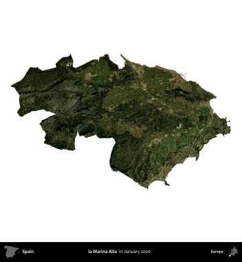 Marina Alta. İspanya 'nın idari bölgesi, Ocak 2020' de çekilen Global Mozaik Sentinel-2 karolarından oluşan bir uydu görüntüsü üzerinde beyaza izole edildi.