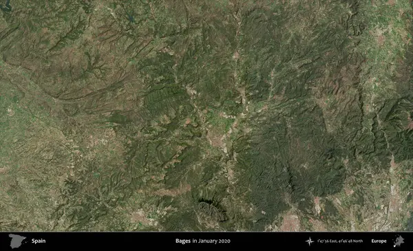 Kafesler. Ocak 2020 'de çekilen Global Mozaik Sentinel-2 karolarından oluşan bir uydu görüntüsü üzerine İspanya' nın idari bölgesi