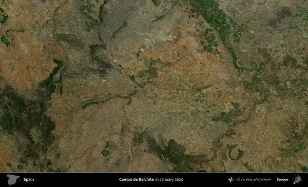 Campo de Belchite 'de. Ocak 2020 'de çekilen Global Mozaik Sentinel-2 karolarından oluşan bir uydu görüntüsü üzerine İspanya' nın idari bölgesi