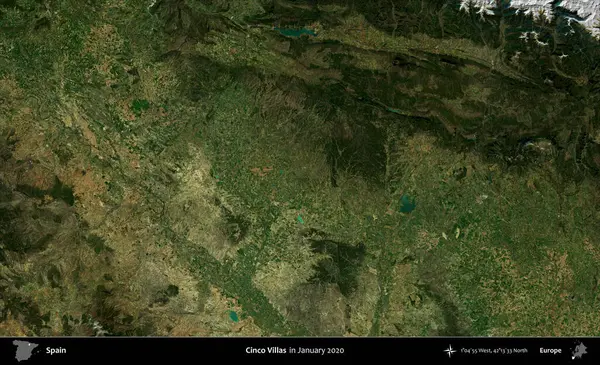 Cinco Villası. Ocak 2020 'de çekilen Global Mozaik Sentinel-2 karolarından oluşan bir uydu görüntüsü üzerine İspanya' nın idari bölgesi