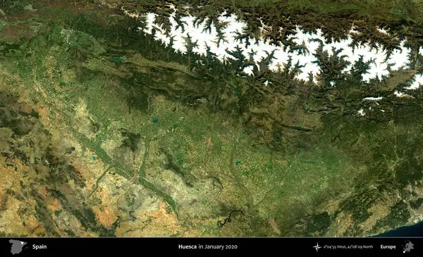 Huesca. Ocak 2020 'de çekilen Global Mozaik Sentinel-2 karolarından oluşan bir uydu görüntüsü üzerine İspanya' nın idari bölgesi