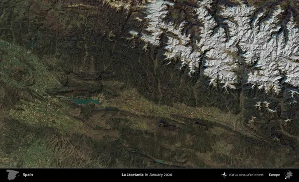 La Jacetania 'da. Ocak 2020 'de çekilen Global Mozaik Sentinel-2 karolarından oluşan bir uydu görüntüsü üzerine İspanya' nın idari bölgesi