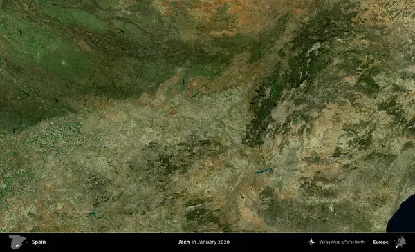 Jaen. Ocak 2020 'de çekilen Global Mozaik Sentinel-2 karolarından oluşan bir uydu görüntüsü üzerine İspanya' nın idari bölgesi