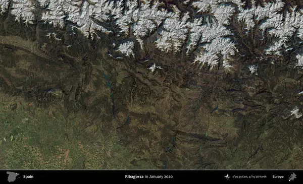 Ribagorza. Ocak 2020 'de çekilen Global Mozaik Sentinel-2 karolarından oluşan bir uydu görüntüsü üzerine İspanya' nın idari bölgesi