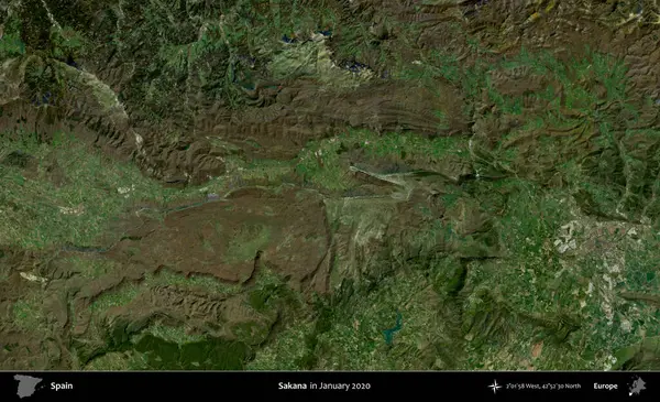 Sakana. Ocak 2020 'de çekilen Global Mozaik Sentinel-2 karolarından oluşan bir uydu görüntüsü üzerine İspanya' nın idari bölgesi
