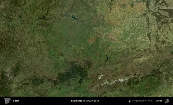Salamanca. Ocak 2020 'de çekilen Global Mozaik Sentinel-2 karolarından oluşan bir uydu görüntüsü üzerine İspanya' nın idari bölgesi