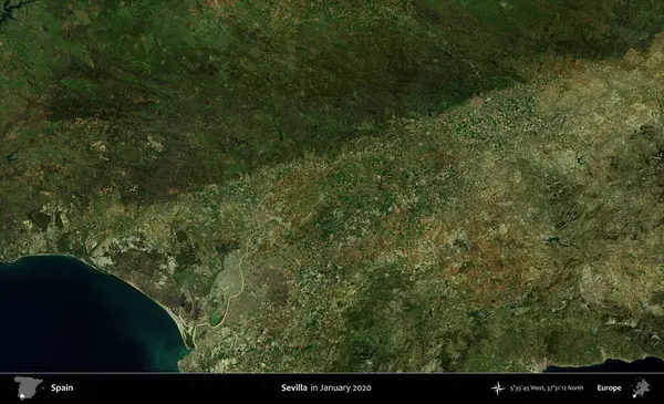 Sevilla. Ocak 2020 'de çekilen Global Mozaik Sentinel-2 karolarından oluşan bir uydu görüntüsü üzerine İspanya' nın idari bölgesi
