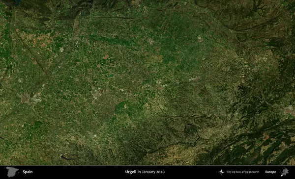 Urgell. Ocak 2020 'de çekilen Global Mozaik Sentinel-2 karolarından oluşan bir uydu görüntüsü üzerine İspanya' nın idari bölgesi