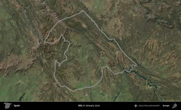 Alia. İspanya 'nın idari alanı, Ocak 2020' de çekilen Global Mozaik Sentinel-2 karolarından oluşan bir uydu görüntüsü üzerinde özetlenmiştir.