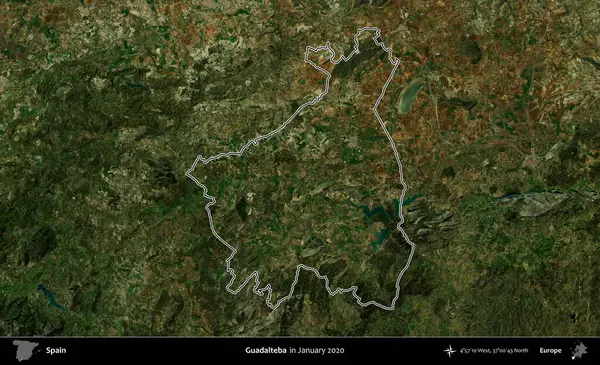 Guadalteba. İspanya 'nın idari alanı, Ocak 2020' de çekilen Global Mozaik Sentinel-2 karolarından oluşan bir uydu görüntüsü üzerinde özetlenmiştir.