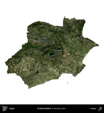 Marina Baixa 'da. İspanya 'nın idari bölgesi, Ocak 2020' de çekilen Global Mozaik Sentinel-2 karolarından oluşan bir uydu görüntüsü üzerinde beyaza izole edildi.