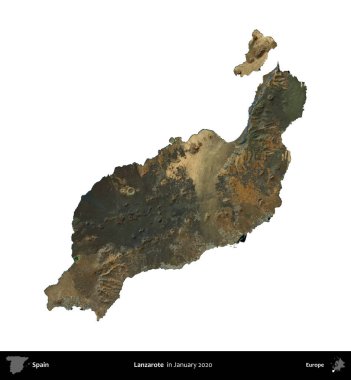 Lanzarote. İspanya 'nın idari bölgesi, Ocak 2020' de çekilen Global Mozaik Sentinel-2 karolarından oluşan bir uydu görüntüsü üzerinde beyaza izole edildi.