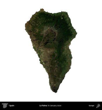 La Palma. İspanya 'nın idari bölgesi, Ocak 2020' de çekilen Global Mozaik Sentinel-2 karolarından oluşan bir uydu görüntüsü üzerinde beyaza izole edildi.