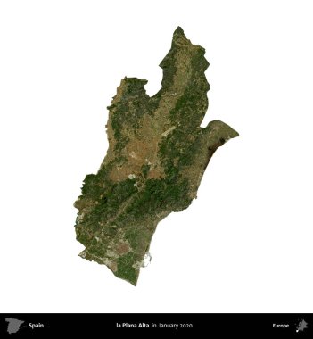 la Plana Alta. İspanya 'nın idari bölgesi, Ocak 2020' de çekilen Global Mozaik Sentinel-2 karolarından oluşan bir uydu görüntüsü üzerinde beyaza izole edildi.