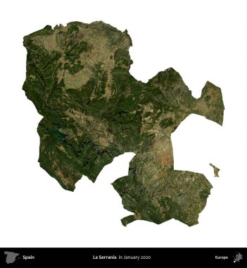 La Serrania 'da. İspanya 'nın idari bölgesi, Ocak 2020' de çekilen Global Mozaik Sentinel-2 karolarından oluşan bir uydu görüntüsü üzerinde beyaza izole edildi.