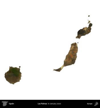 Las Palmas. İspanya 'nın idari bölgesi, Ocak 2020' de çekilen Global Mozaik Sentinel-2 karolarından oluşan bir uydu görüntüsü üzerinde beyaza izole edildi.