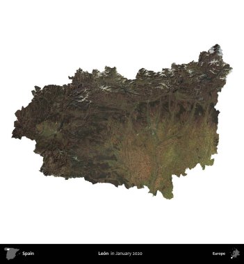 Leon mu? İspanya 'nın idari bölgesi, Ocak 2020' de çekilen Global Mozaik Sentinel-2 karolarından oluşan bir uydu görüntüsü üzerinde beyaza izole edildi.