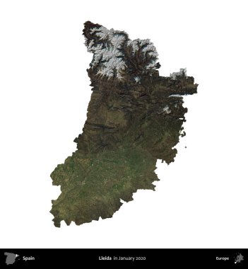 Lleida. İspanya 'nın idari bölgesi, Ocak 2020' de çekilen Global Mozaik Sentinel-2 karolarından oluşan bir uydu görüntüsü üzerinde beyaza izole edildi.