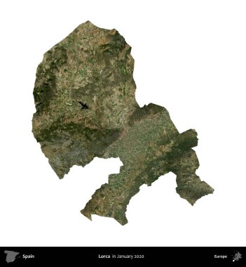 Lorca. İspanya 'nın idari bölgesi, Ocak 2020' de çekilen Global Mozaik Sentinel-2 karolarından oluşan bir uydu görüntüsü üzerinde beyaza izole edildi.