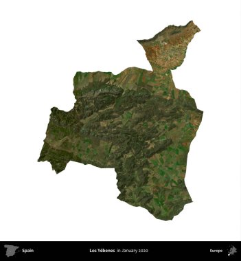 Los Yebenes. İspanya 'nın idari bölgesi, Ocak 2020' de çekilen Global Mozaik Sentinel-2 karolarından oluşan bir uydu görüntüsü üzerinde beyaza izole edildi.