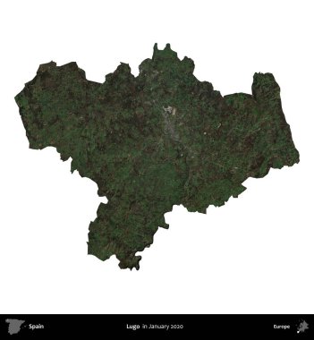 Lugo. İspanya 'nın idari bölgesi, Ocak 2020' de çekilen Global Mozaik Sentinel-2 karolarından oluşan bir uydu görüntüsü üzerinde beyaza izole edildi.
