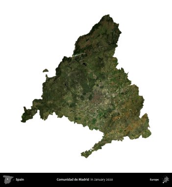 Comunidad de Madrid 'de. İspanya 'nın idari bölgesi, Ocak 2020' de çekilen Global Mozaik Sentinel-2 karolarından oluşan bir uydu görüntüsü üzerinde beyaza izole edildi.