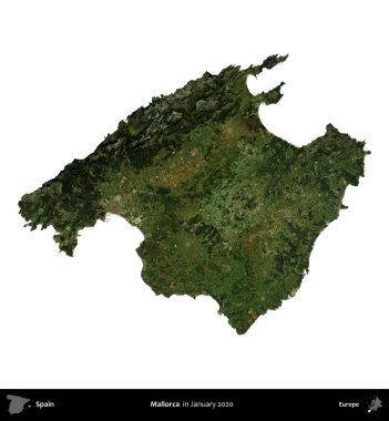 Mallorca. İspanya 'nın idari bölgesi, Ocak 2020' de çekilen Global Mozaik Sentinel-2 karolarından oluşan bir uydu görüntüsü üzerinde beyaza izole edildi.