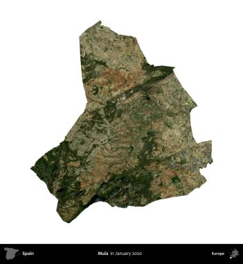 Mula. İspanya 'nın idari bölgesi, Ocak 2020' de çekilen Global Mozaik Sentinel-2 karolarından oluşan bir uydu görüntüsü üzerinde beyaza izole edildi.