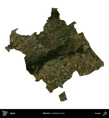 Murcia. İspanya 'nın idari bölgesi, Ocak 2020' de çekilen Global Mozaik Sentinel-2 karolarından oluşan bir uydu görüntüsü üzerinde beyaza izole edildi.
