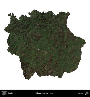 O Deza. İspanya 'nın idari bölgesi, Ocak 2020' de çekilen Global Mozaik Sentinel-2 karolarından oluşan bir uydu görüntüsü üzerinde beyaza izole edildi.