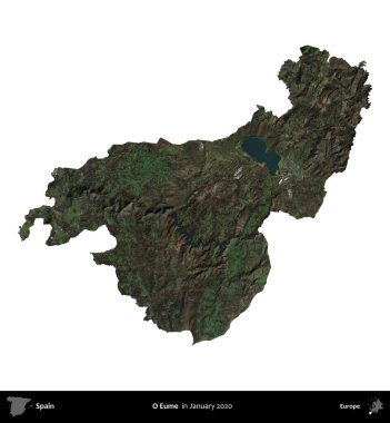O Eume. İspanya 'nın idari bölgesi, Ocak 2020' de çekilen Global Mozaik Sentinel-2 karolarından oluşan bir uydu görüntüsü üzerinde beyaza izole edildi.