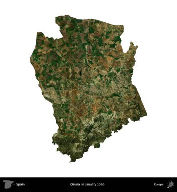 Osuna. İspanya 'nın idari bölgesi, Ocak 2020' de çekilen Global Mozaik Sentinel-2 karolarından oluşan bir uydu görüntüsü üzerinde beyaza izole edildi.