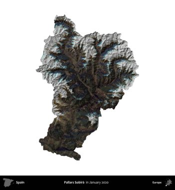 Pallars Sobira. İspanya 'nın idari bölgesi, Ocak 2020' de çekilen Global Mozaik Sentinel-2 karolarından oluşan bir uydu görüntüsü üzerinde beyaza izole edildi.