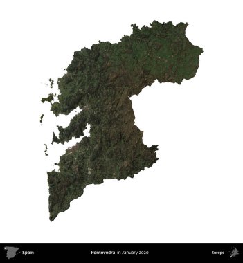 Pontevedra. İspanya 'nın idari bölgesi, Ocak 2020' de çekilen Global Mozaik Sentinel-2 karolarından oluşan bir uydu görüntüsü üzerinde beyaza izole edildi.