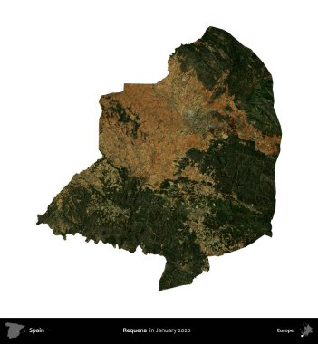 Requena. İspanya 'nın idari bölgesi, Ocak 2020' de çekilen Global Mozaik Sentinel-2 karolarından oluşan bir uydu görüntüsü üzerinde beyaza izole edildi.