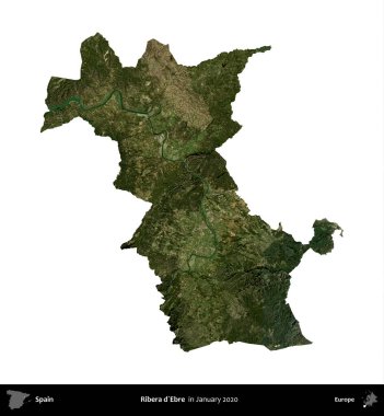 Ribera d'Ebre. İspanya 'nın idari bölgesi, Ocak 2020' de çekilen Global Mozaik Sentinel-2 karolarından oluşan bir uydu görüntüsü üzerinde beyaza izole edildi.