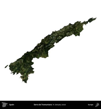 Serra de Tramuntana. İspanya 'nın idari bölgesi, Ocak 2020' de çekilen Global Mozaik Sentinel-2 karolarından oluşan bir uydu görüntüsü üzerinde beyaza izole edildi.