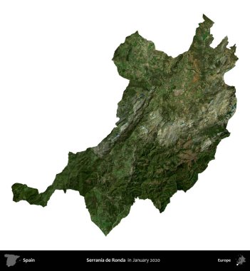 Serrania de Ronda. İspanya 'nın idari bölgesi, Ocak 2020' de çekilen Global Mozaik Sentinel-2 karolarından oluşan bir uydu görüntüsü üzerinde beyaza izole edildi.