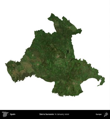 Sierra Suroeste. İspanya 'nın idari bölgesi, Ocak 2020' de çekilen Global Mozaik Sentinel-2 karolarından oluşan bir uydu görüntüsü üzerinde beyaza izole edildi.