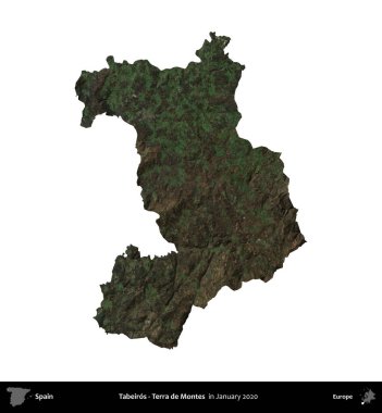 Tabeiros - Terra de Montes. İspanya 'nın idari bölgesi, Ocak 2020' de çekilen Global Mozaik Sentinel-2 karolarından oluşan bir uydu görüntüsü üzerinde beyaza izole edildi.