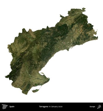 Tarragona. İspanya 'nın idari bölgesi, Ocak 2020' de çekilen Global Mozaik Sentinel-2 karolarından oluşan bir uydu görüntüsü üzerinde beyaza izole edildi.
