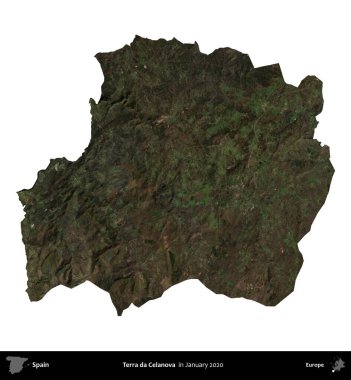 Terra da Celanova. İspanya 'nın idari bölgesi, Ocak 2020' de çekilen Global Mozaik Sentinel-2 karolarından oluşan bir uydu görüntüsü üzerinde beyaza izole edildi.