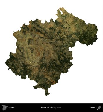 Teruel. İspanya 'nın idari bölgesi, Ocak 2020' de çekilen Global Mozaik Sentinel-2 karolarından oluşan bir uydu görüntüsü üzerinde beyaza izole edildi.
