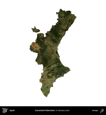 Comunitat Valenciana. İspanya 'nın idari bölgesi, Ocak 2020' de çekilen Global Mozaik Sentinel-2 karolarından oluşan bir uydu görüntüsü üzerinde beyaza izole edildi.