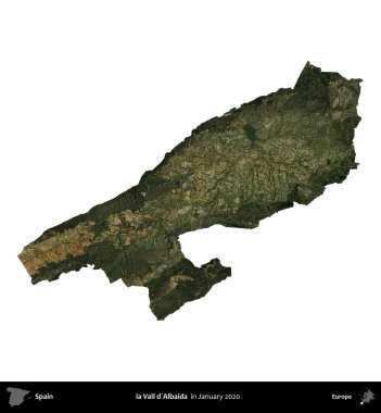 La Vall d 'Albaida' da. İspanya 'nın idari bölgesi, Ocak 2020' de çekilen Global Mozaik Sentinel-2 karolarından oluşan bir uydu görüntüsü üzerinde beyaza izole edildi.