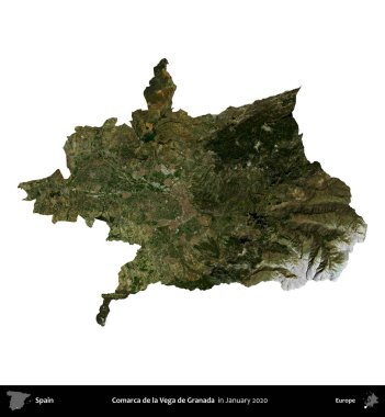 Comarca de la Vega de Granada. İspanya 'nın idari bölgesi, Ocak 2020' de çekilen Global Mozaik Sentinel-2 karolarından oluşan bir uydu görüntüsü üzerinde beyaza izole edildi.