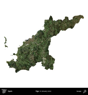 Vigo. İspanya 'nın idari bölgesi, Ocak 2020' de çekilen Global Mozaik Sentinel-2 karolarından oluşan bir uydu görüntüsü üzerinde beyaza izole edildi.