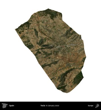 Yecla. İspanya 'nın idari bölgesi, Ocak 2020' de çekilen Global Mozaik Sentinel-2 karolarından oluşan bir uydu görüntüsü üzerinde beyaza izole edildi.