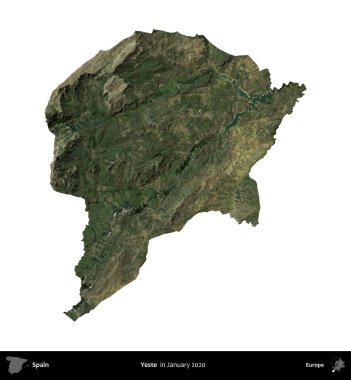 Yeste. İspanya 'nın idari bölgesi, Ocak 2020' de çekilen Global Mozaik Sentinel-2 karolarından oluşan bir uydu görüntüsü üzerinde beyaza izole edildi.