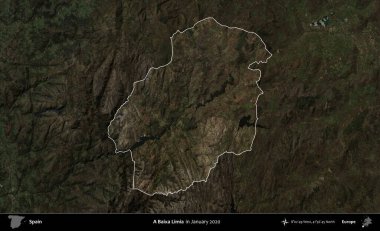 Bir Baixa Limia. İspanya 'nın idari alanı, Ocak 2020' de çekilen Global Mozaik Sentinel-2 karolarından oluşan koyu renkli bir uydu görüntüsü üzerinde vurgulandı ve özetlendi.
